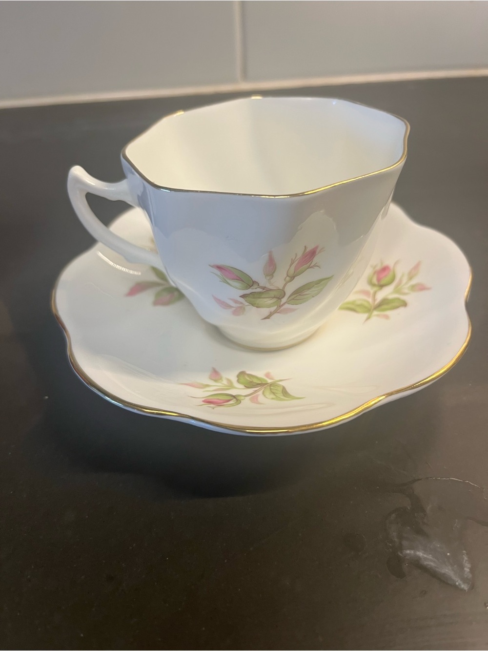 Porcelain Tea Cup & Saucer Set with Pink Rose Design and Gold Trim